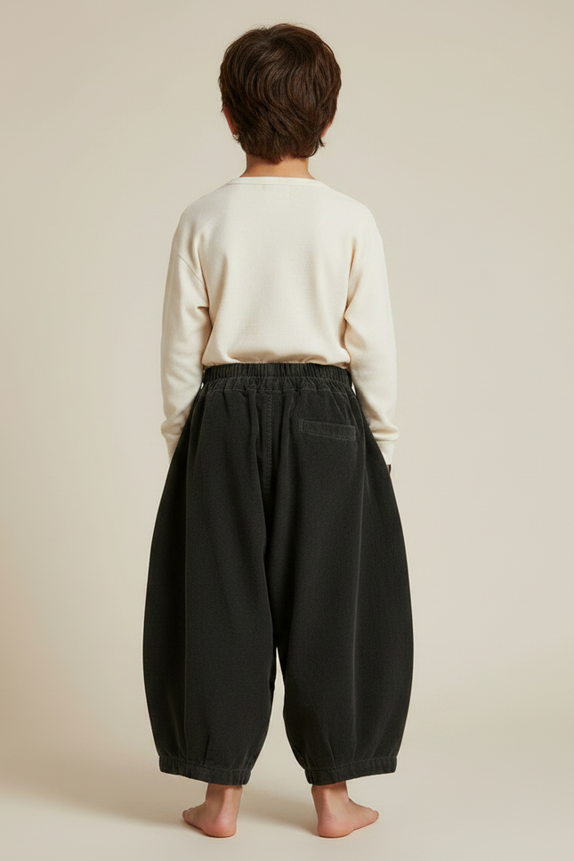 Pantalon Velours Côtelé Noir Ample Enfant Rétro - Cordé - vue 2