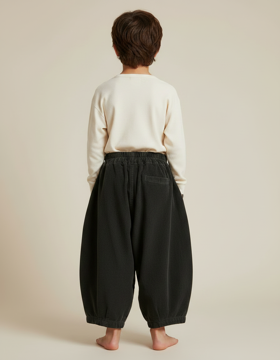 Pantalon Velours Côtelé Noir Ample Enfant Rétro - Cordé - vue 2