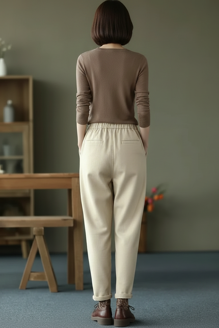 Pantalon Velours Beige Taille Haute Harem Épais - vue 2