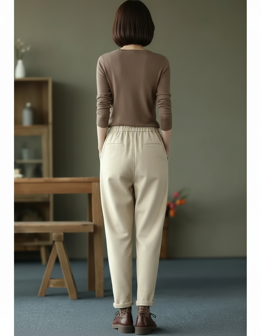 Pantalon Velours Beige Taille Haute Harem Épais - vue 2