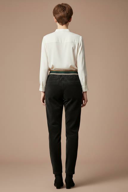 Pantalon Velours Noir Côtelé Taille Élastique Femme - Cordé - vue 2