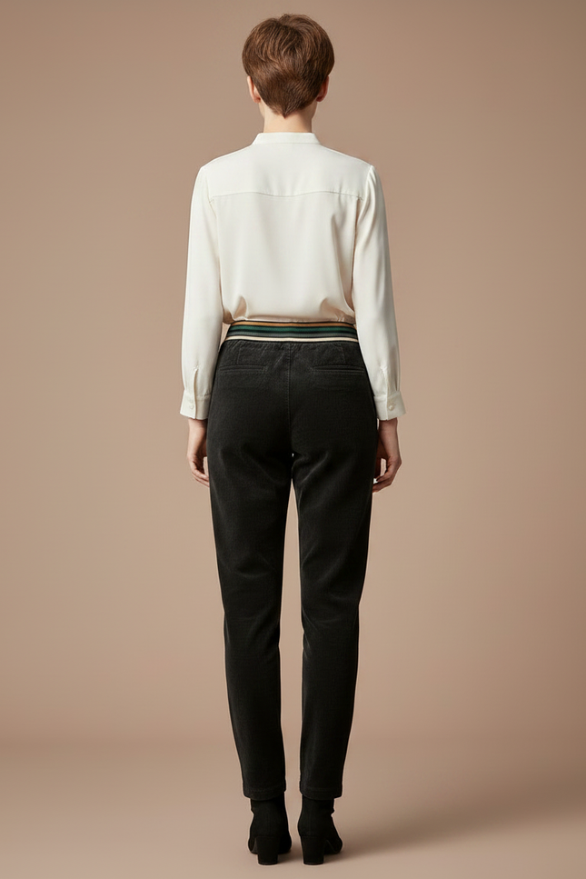 Pantalon Velours Noir Côtelé Taille Élastique Femme - Cordé - vue 2