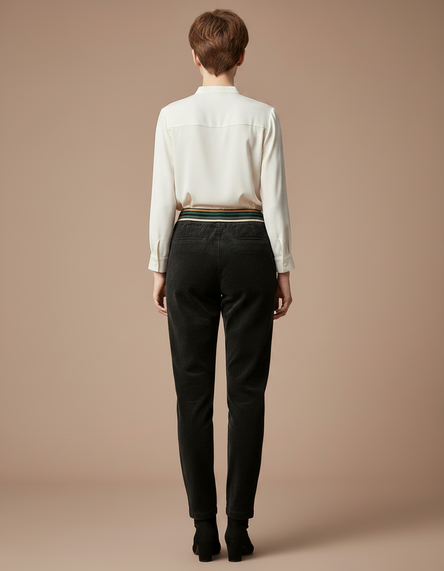 Pantalon Velours Noir Côtelé Taille Élastique Femme - Cordé - vue 2