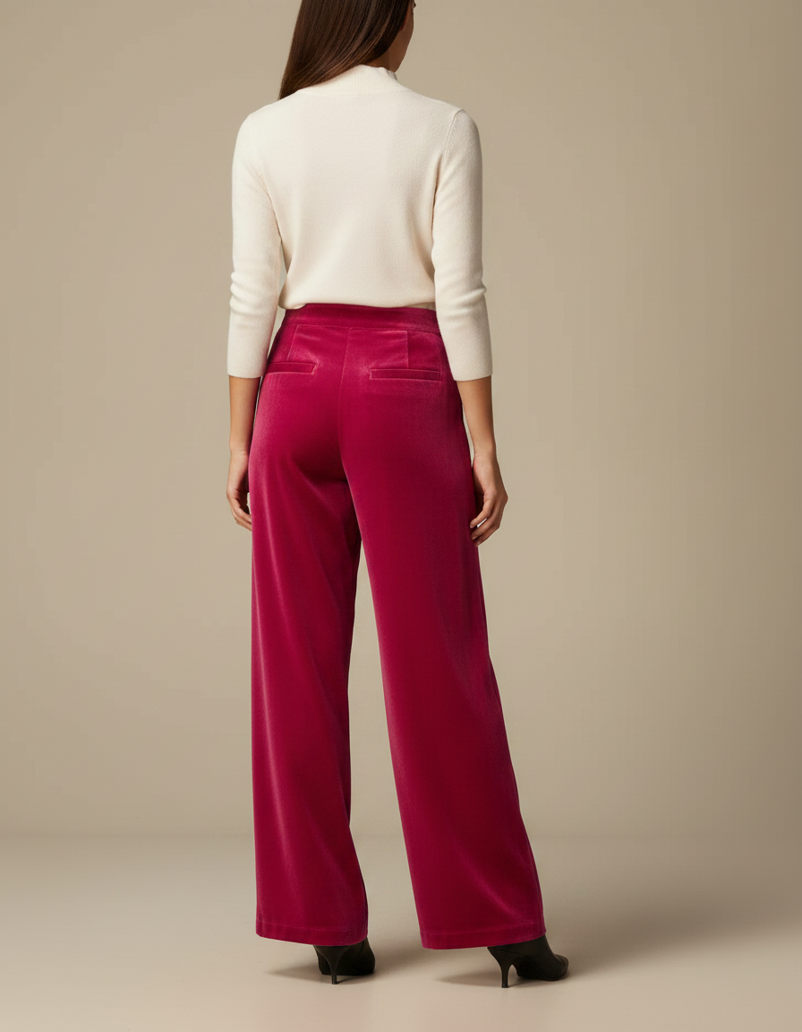 Pantalon Velours Fuschia Ample Fluide Élégant Femme - Rose - vue 2