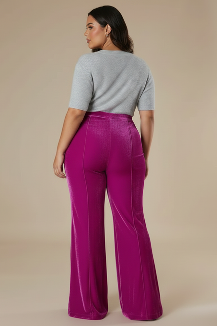 Pantalon Velours Fuschia Évasé Taille Haute Élégant - Rose - vue 2