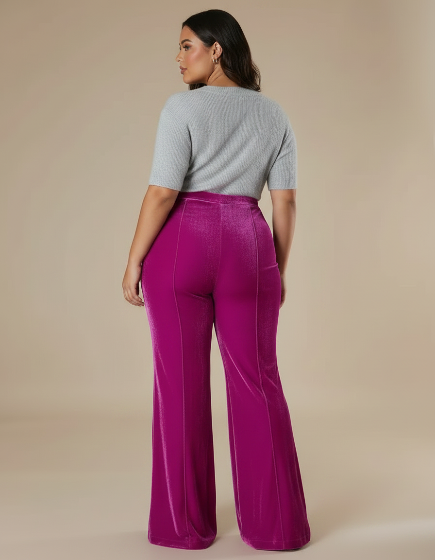 Pantalon Velours Fuschia Évasé Taille Haute Élégant - Rose - vue 2