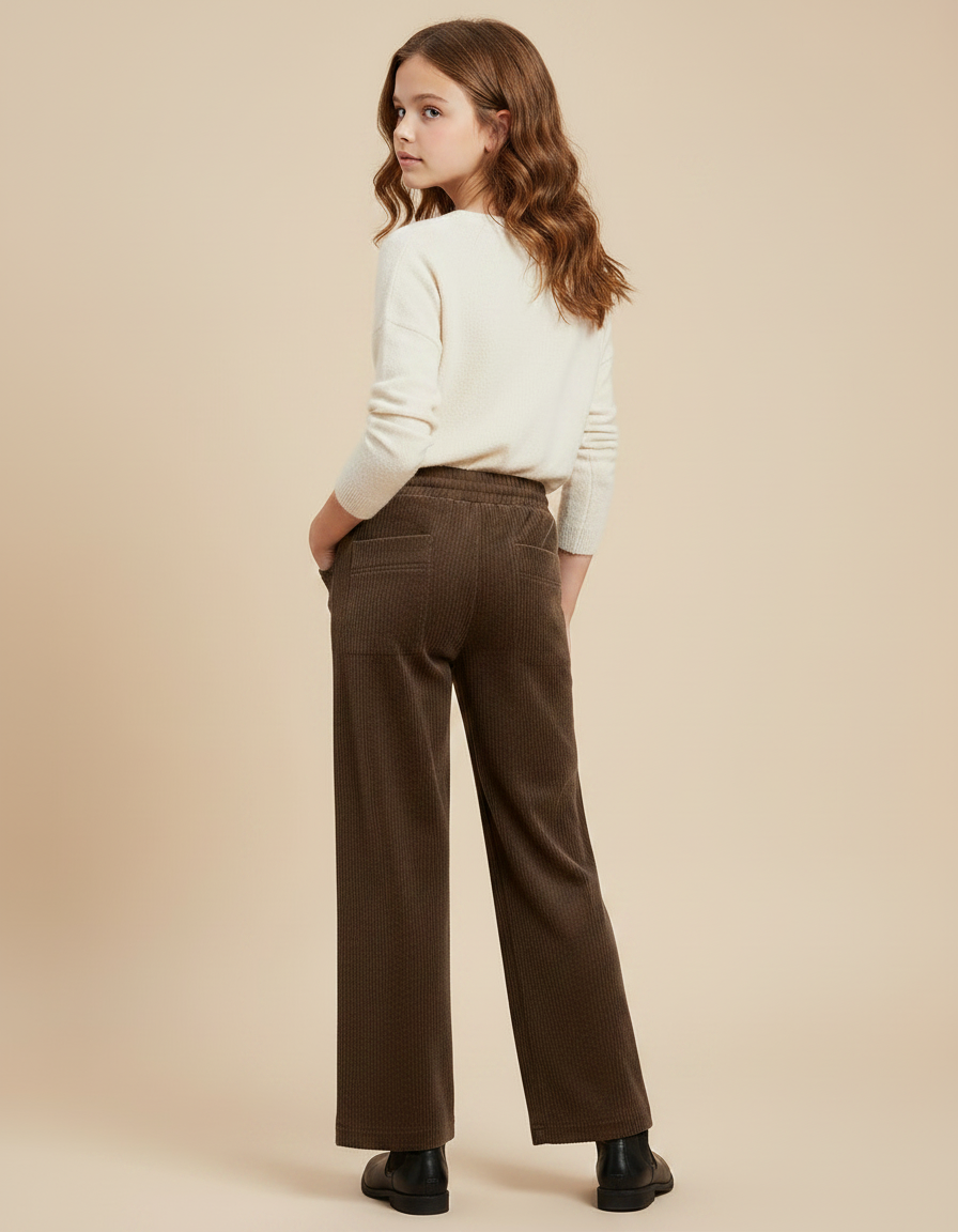 Pantalon Velours Marron Côtelé Large Décontracté Fille - Cordé - vue 2