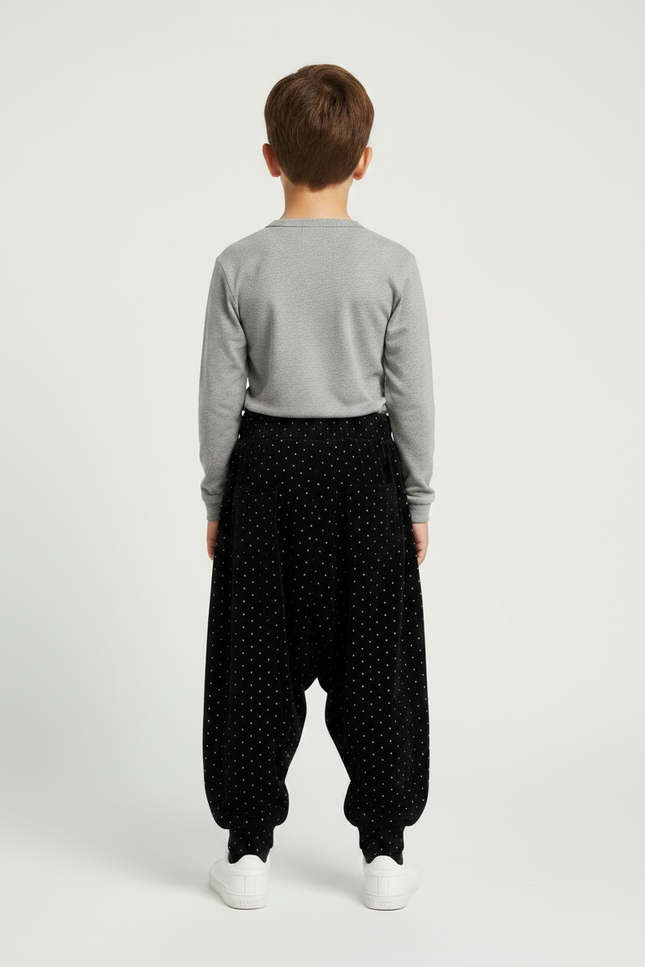 Pantalon Velours Noir Ample Points Blancs Garçon - vue 2