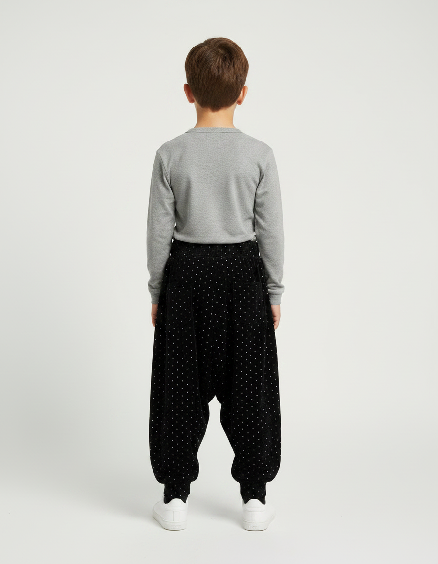 Pantalon Velours Noir Ample Points Blancs Garçon - vue 2