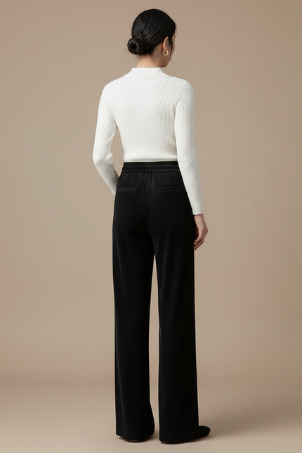 Pantalon Velours Noir Ample Côtelé Taille Haute Décontracté - Cordé - vue 2