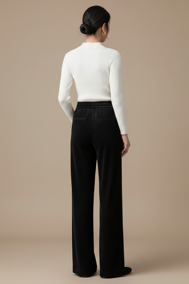 Pantalon Velours Noir Ample Côtelé Taille Haute Décontracté - Cordé - vue 2