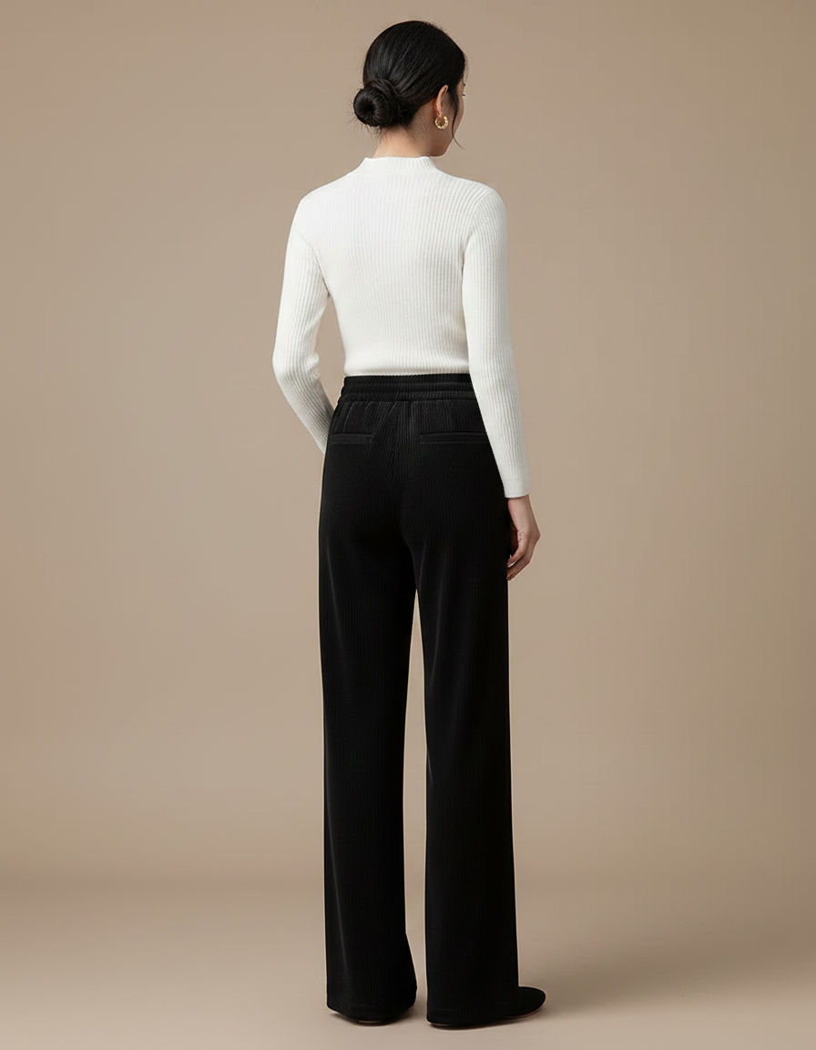 Pantalon Velours Noir Ample Côtelé Taille Haute Décontracté - Cordé - vue 2