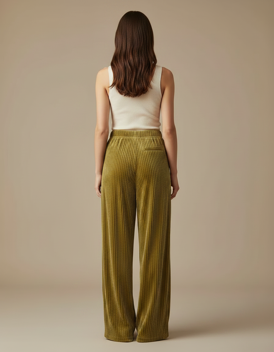 Pantalon Velours Côtelé Vert Ample Fluide Femme - Cordé - vue 2