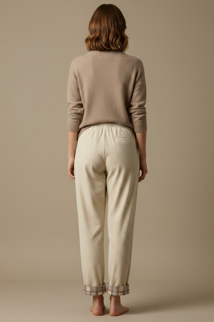 Pantalon Velours Crème Côtelé Droit Plaid Décontracté Femme - Beige - vue 2