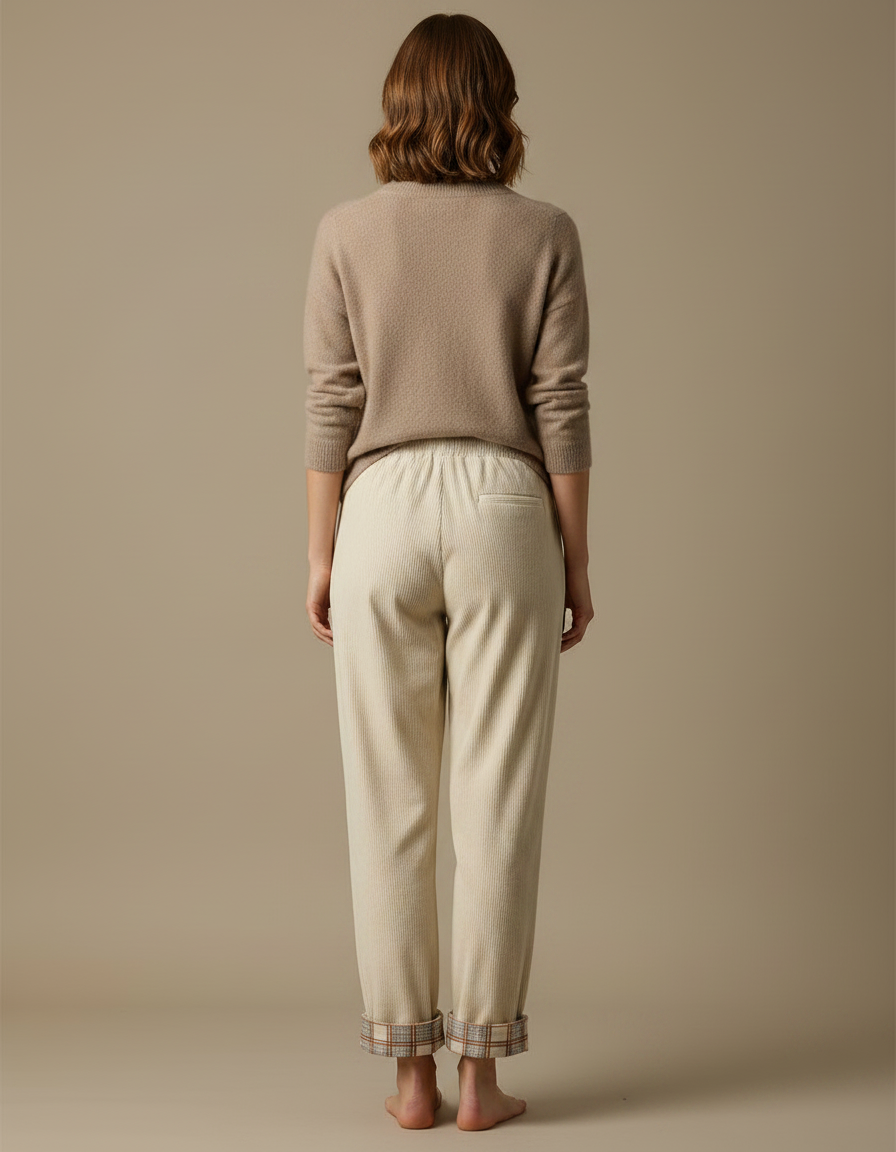 Pantalon Velours Crème Côtelé Droit Plaid Décontracté Femme - Beige - vue 2