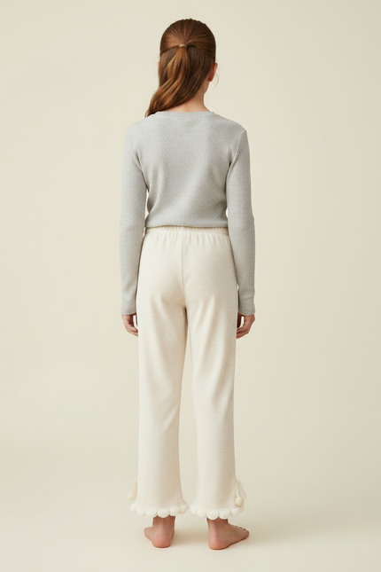 Pantalon Velours Écru Ample Pompons Fille - Beige - vue 2