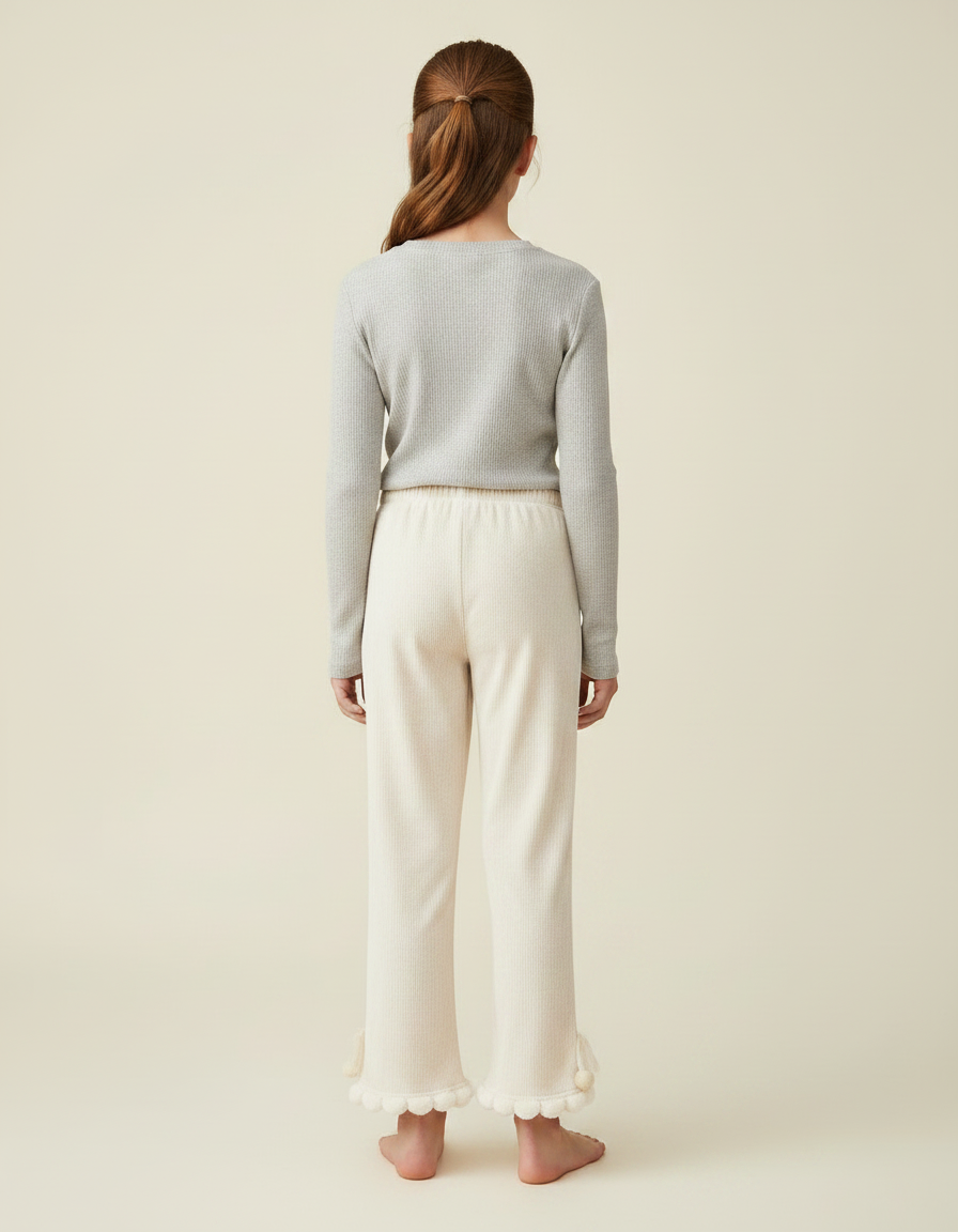 Pantalon Velours Écru Ample Pompons Fille - Beige - vue 2