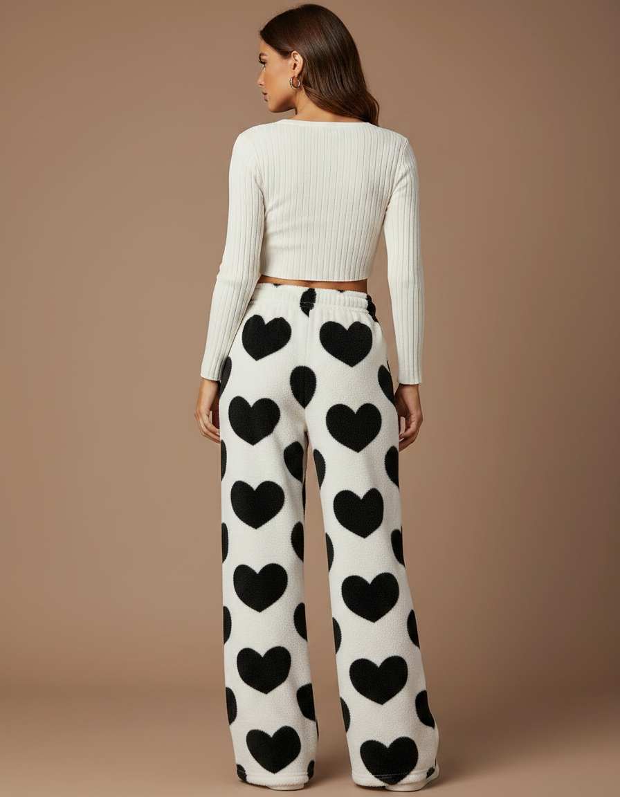 Pantalon Velours Cœurs Ample Doux Femme - Blanc - vue 2