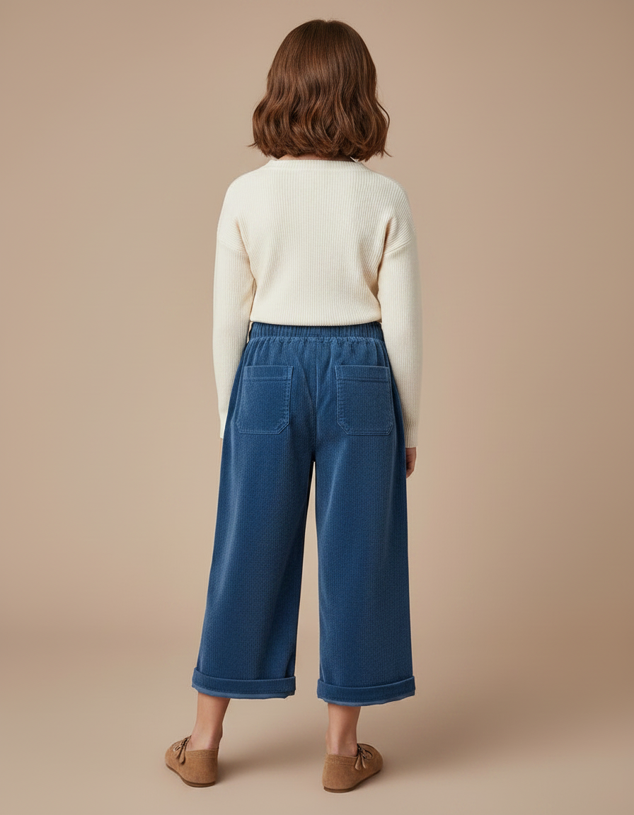 Pantalon Velours Bleu Côtelé Ample Élastique Enfant - Cordé - vue 2