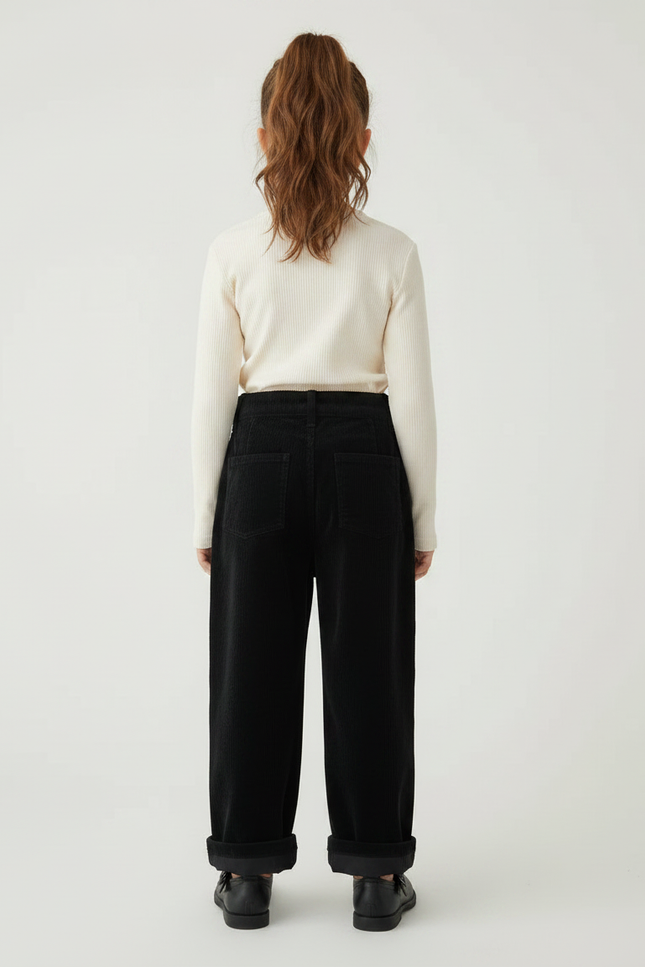 Pantalon Velours Fille Noir Large Cotelé - Cordé - vue 2