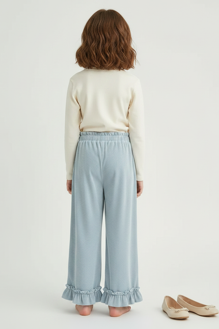 Pantalon Velours Bleu Ciel Côtelé Ample Volants Fille - Cordé - vue 2