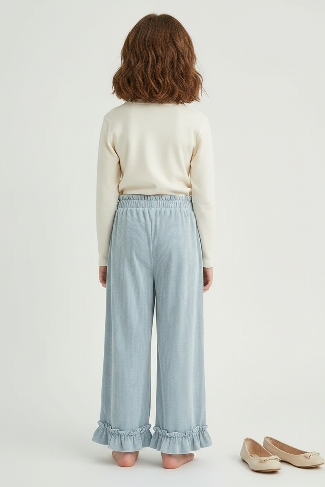 Pantalon Velours Bleu Ciel Côtelé Ample Volants Fille - Cordé - vue 2
