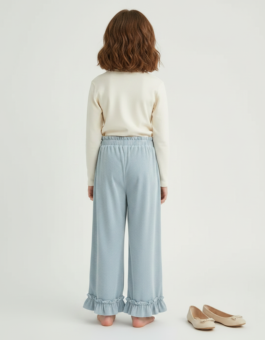 Pantalon Velours Bleu Ciel Côtelé Ample Volants Fille - Cordé - vue 2