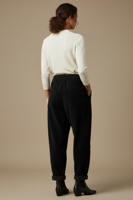 Pantalon Velours Côtelé Ample Noir Taille Élastique - Cordé - vue 2