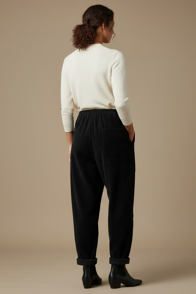 Pantalon Velours Côtelé Ample Noir Taille Élastique - Cordé - vue 2