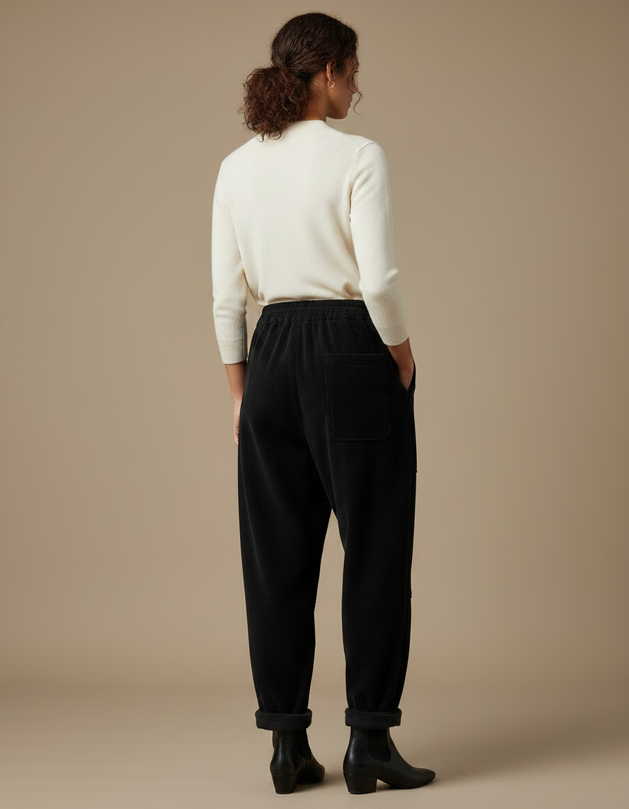 Pantalon Velours Côtelé Ample Noir Taille Élastique - Cordé - vue 2