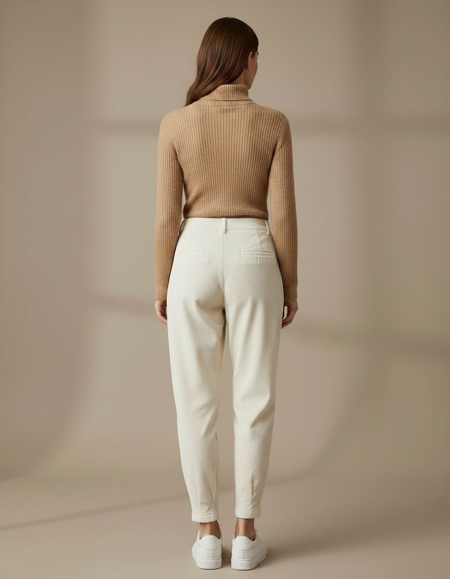 Pantalon Velours Cotelé Creme Femme - Beige Cordé - vue 2