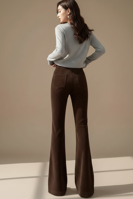 Pantalon Velours Côtelé Marron Évasé Taille Haute Femme - Cordé - vue 2