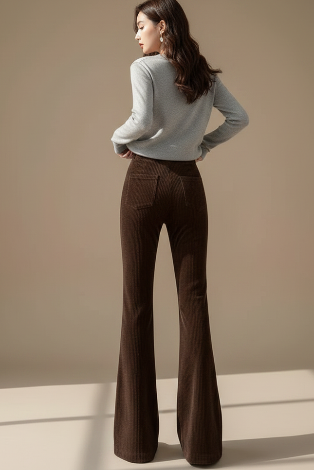 Pantalon Velours Côtelé Marron Évasé Taille Haute Femme - Cordé - vue 2