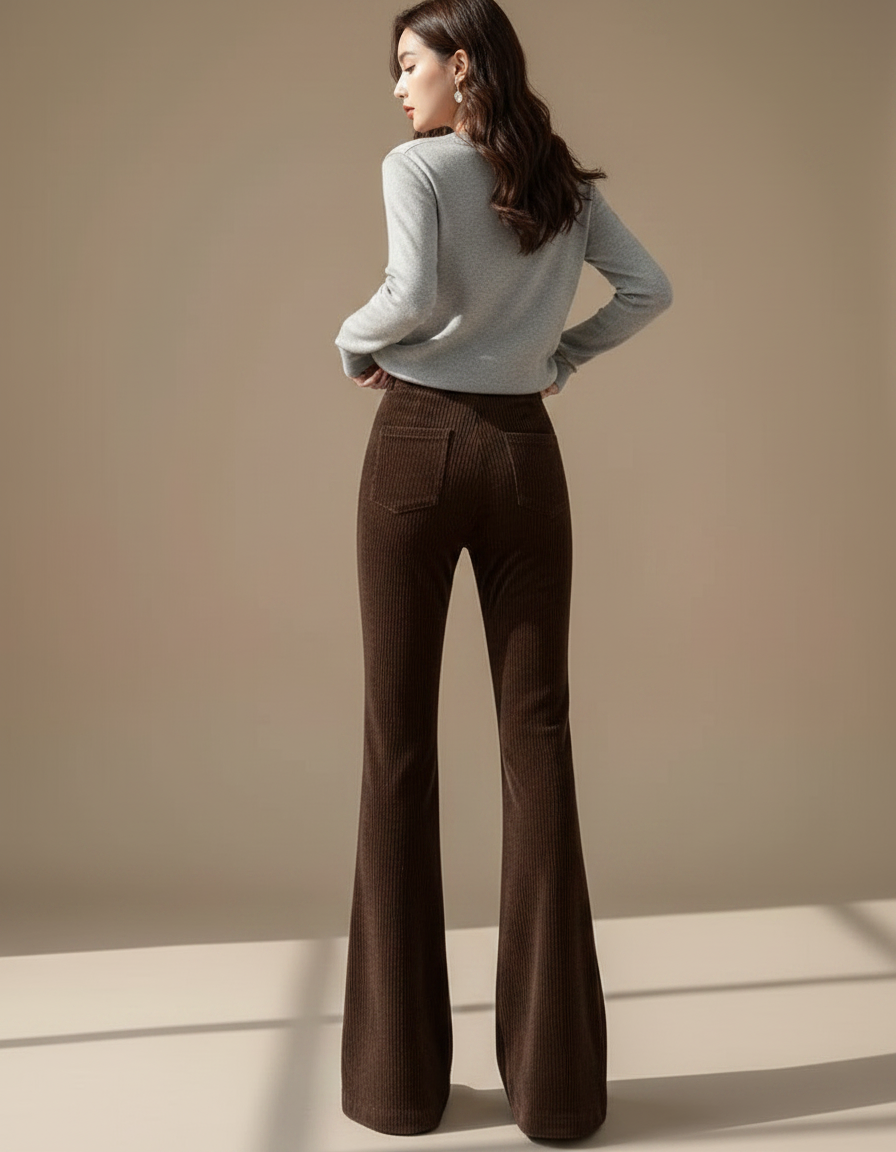 Pantalon Velours Côtelé Marron Évasé Taille Haute Femme - Cordé - vue 2