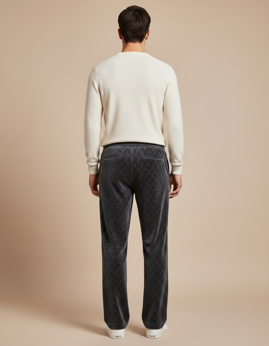 Pantalon Velours Gris Motif Géométrique Ample Décontracté - vue 2
