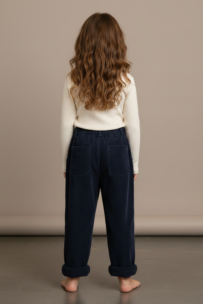 Pantalon Velours Côtelé Bleu Marine Ample Fille Hiver - Cordé - vue 2