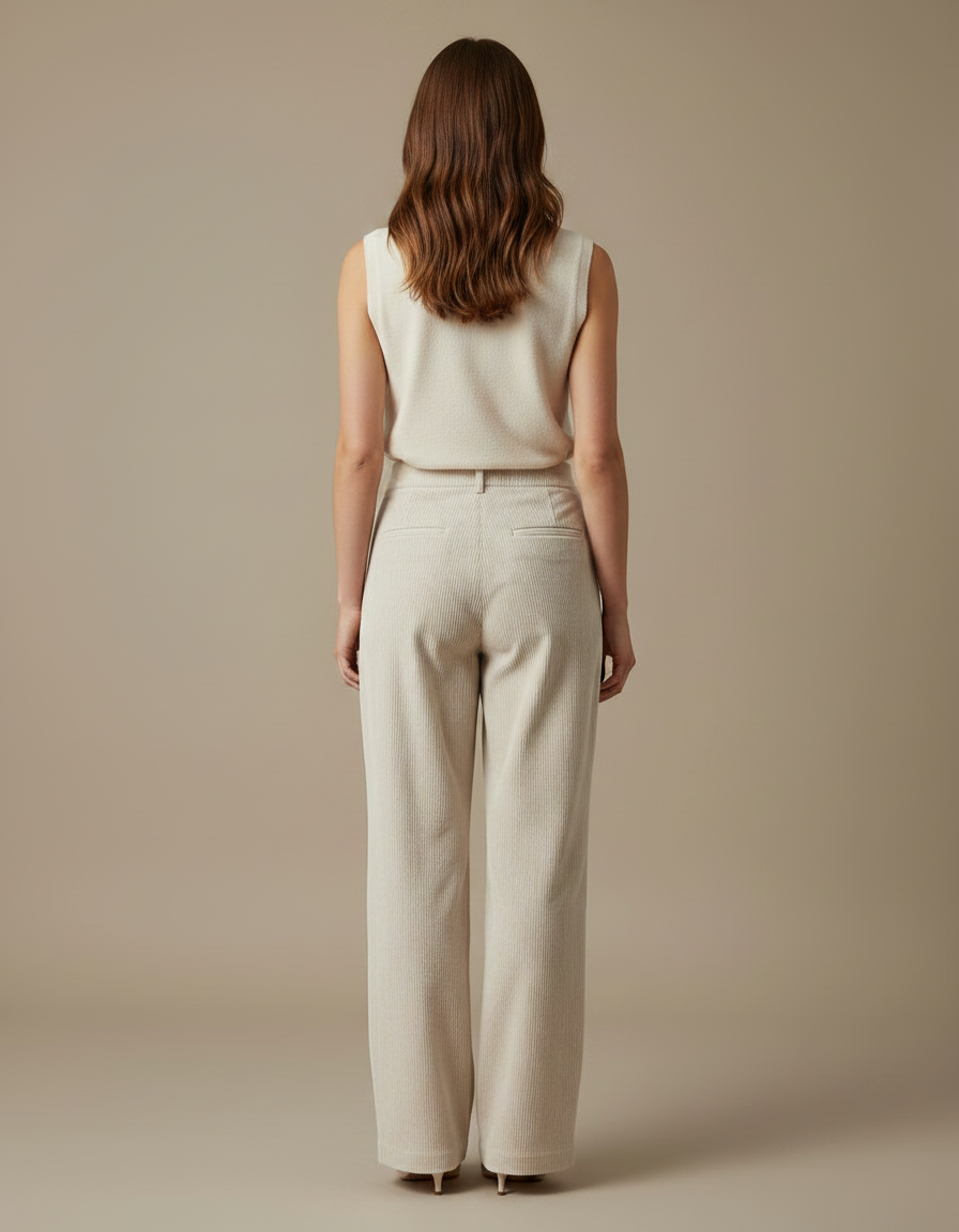 Pantalon Velours Beige Côtelé Taille Haute Ample - Cordé - vue 2