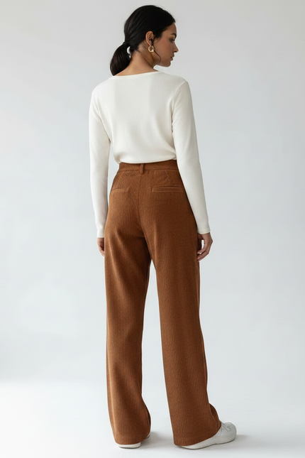 Pantalon Velours Côtelé Marron Ample Taille Haute - Cordé - vue 2