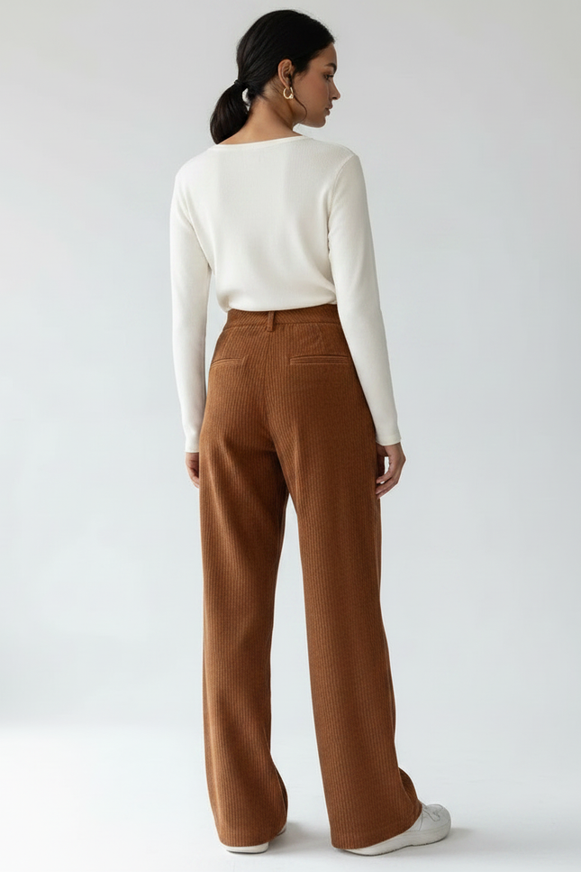 Pantalon Velours Côtelé Marron Ample Taille Haute - Cordé - vue 2