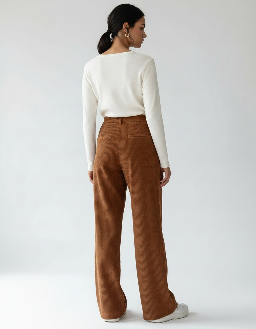 Pantalon Velours Côtelé Marron Ample Taille Haute - Cordé - vue 2