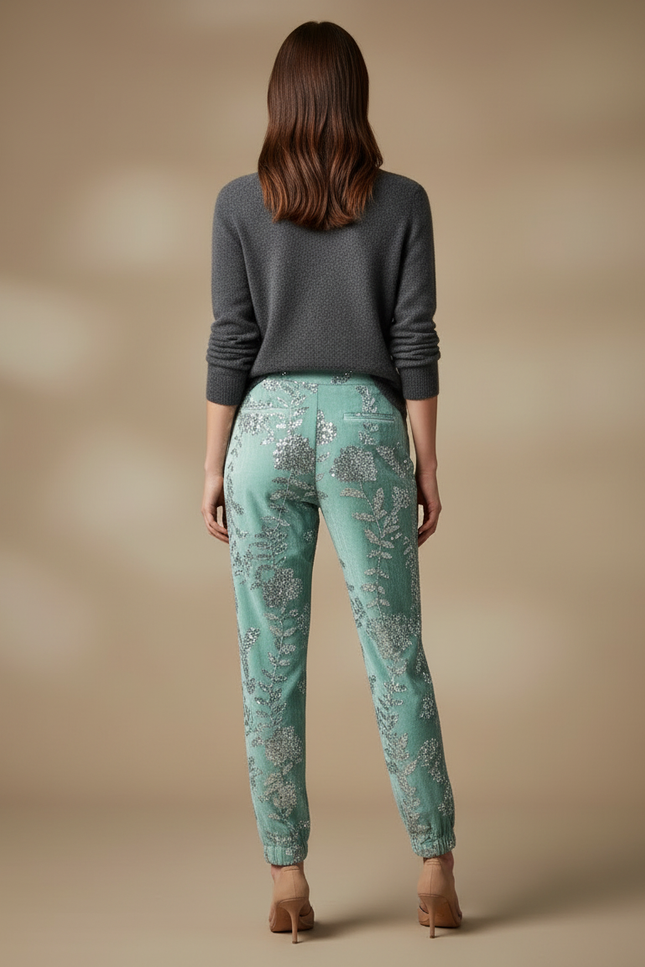 Pantalon Velours Vert Brodé Paillettes Élastiqué Élégant - vue 2