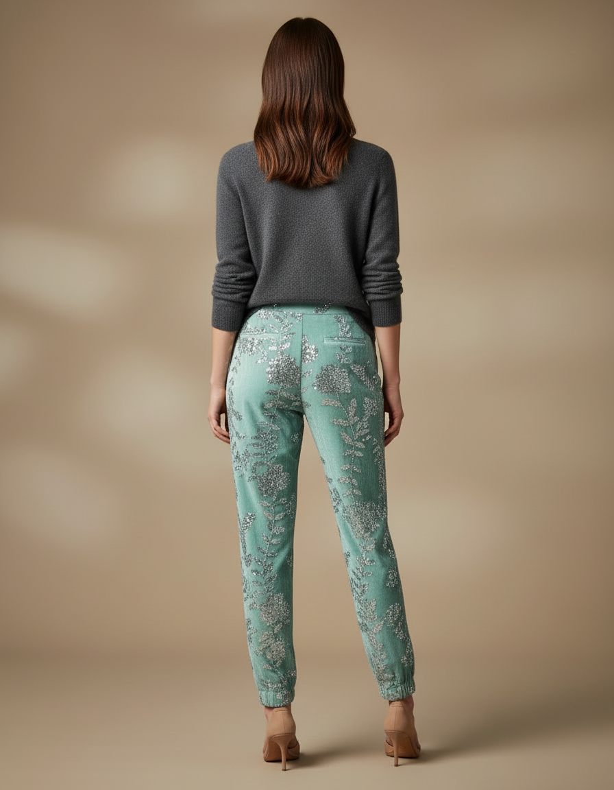 Pantalon Velours Vert Brodé Paillettes Élastiqué Élégant - vue 2