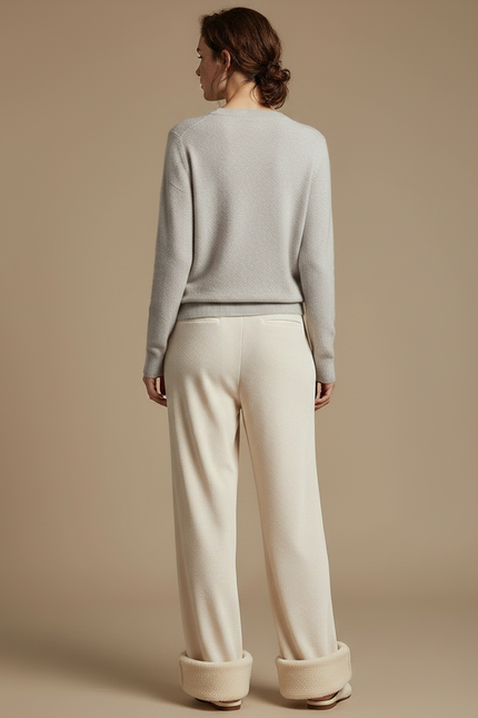 Pantalon Velours Écru Large Doublé Moelleux Femme - Beige Cordé - vue 2