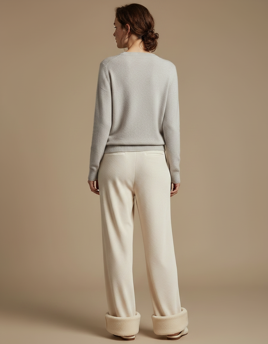 Pantalon Velours Écru Large Doublé Moelleux Femme - Beige Cordé - vue 2