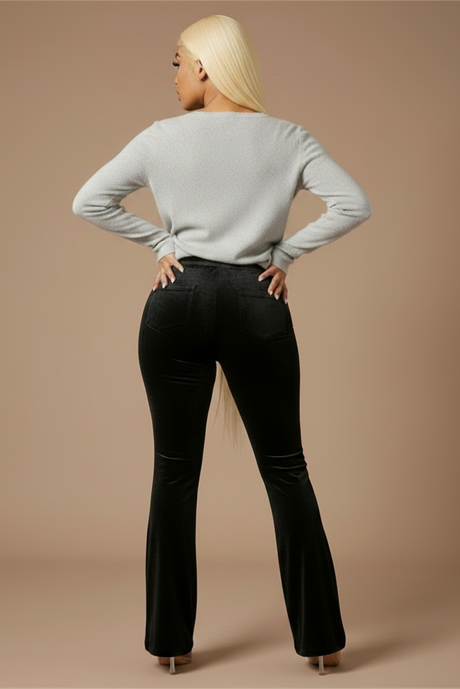 Pantalon Velours Noir Évasé Fluide Cordon Femme - vue 2