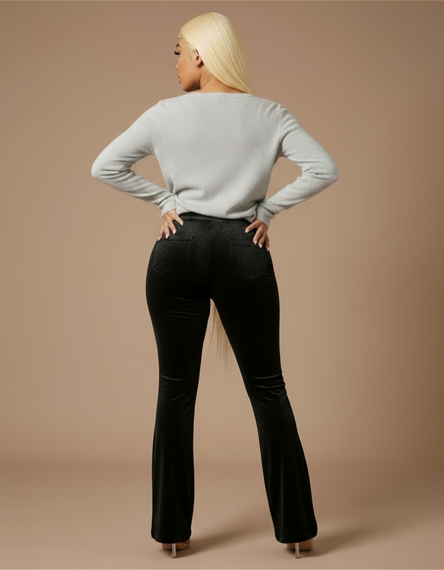 Pantalon Velours Noir Évasé Fluide Cordon Femme - vue 2