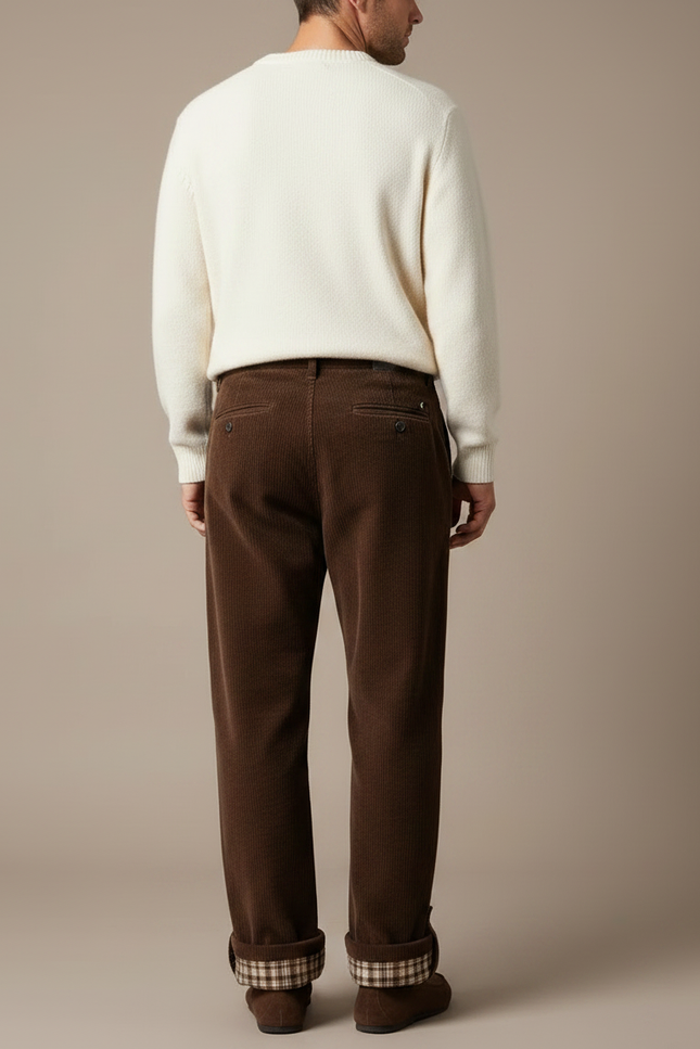 Pantalon Velours Côtelé Marron Large Doublé Plaid Homme - vue 2