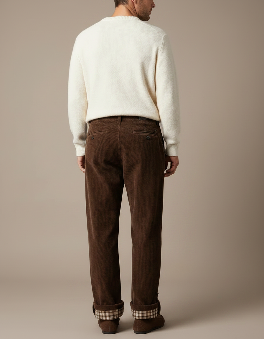 Pantalon Velours Côtelé Marron Large Doublé Plaid Homme - vue 2