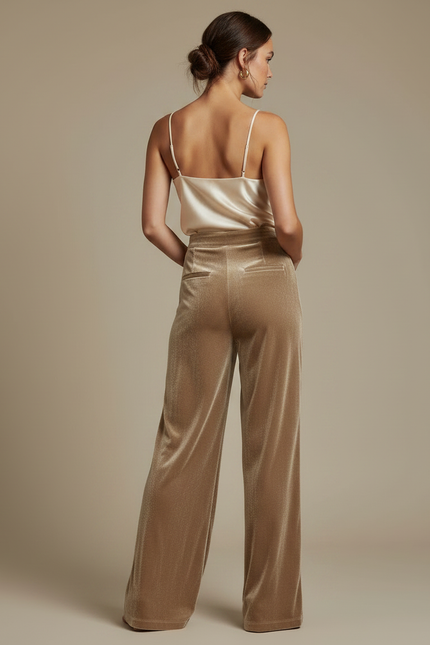 Pantalon Velours Doré Fluide Ample Élégant Femme - vue 2