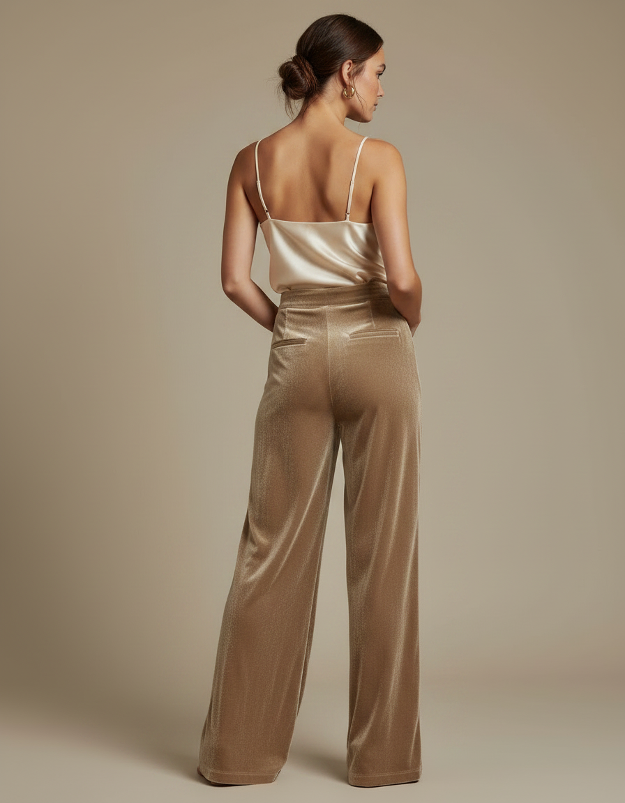Pantalon Velours Doré Fluide Ample Élégant Femme - vue 2